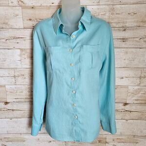 Investments Hemp Blouse Womens 14 Button Up Shirt Blue Breathable Quiet Luxury